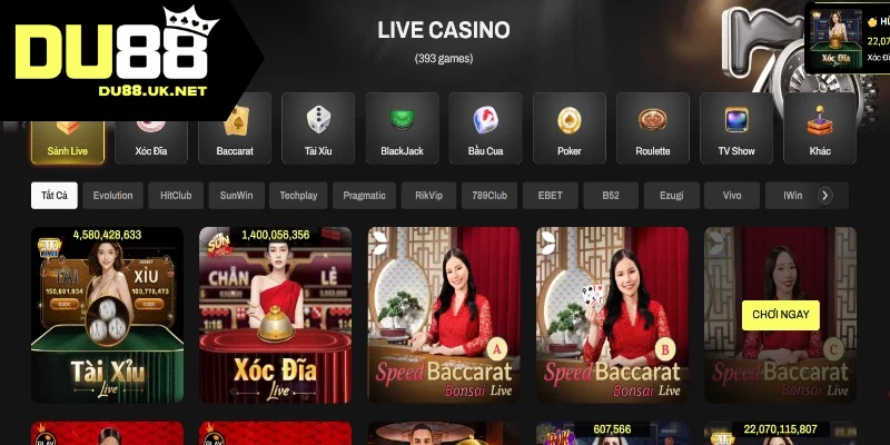 Danh sách các tựa game tại sảnh casino DU88